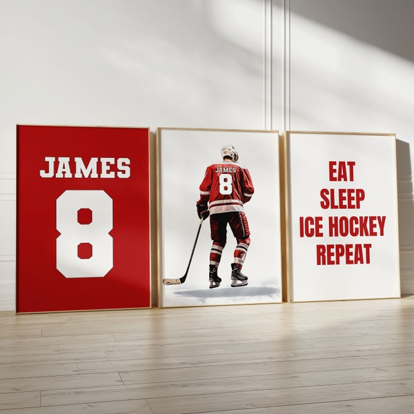 Ice Hockey Prints Set of 3 Personalised Ice Hockey Wall Art, Ice Hockey Gifts, Boys Bedroom Decor, A4 Digital Prints, Teen Room Prints