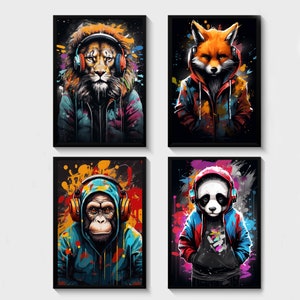 May include: Four colorful digital art prints featuring animals wearing headphones. The prints feature a lion, a fox, a monkey, and a panda, each with a unique and vibrant color scheme.