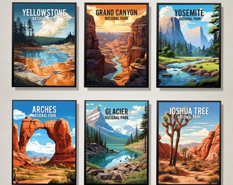 Set of 6 National Parks Illustrations Paintings, Digital A4 Posters, Digital Print, Aquarel, National Park Poster, Landmark Wall Arts