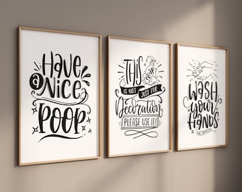 Conjunto de baño de 3 impresiones, impresión de baño, arte de baño, letrero de baño, decoración de baño, arte de pared de baño, arte de pared de baño divertido, imprimible
