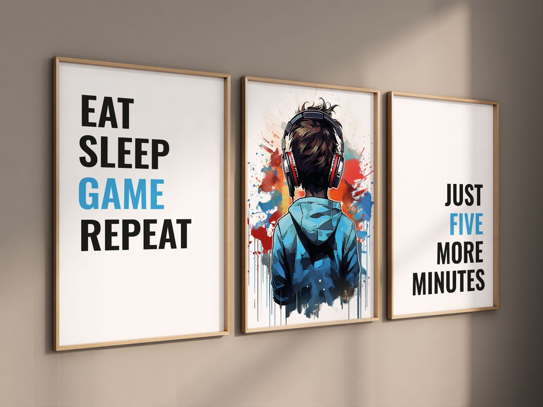 Blue Gaming Posters, Set of 3 Gaming Prints, Boys Room Wall Art, Teen
