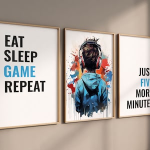 Blue Gaming Posters, Set of 3 Gaming Prints, Boys Room Wall Art, Teen Bedroom Decor, Gaming Poster, Gamer Gift, Games Room Print, Son Gift