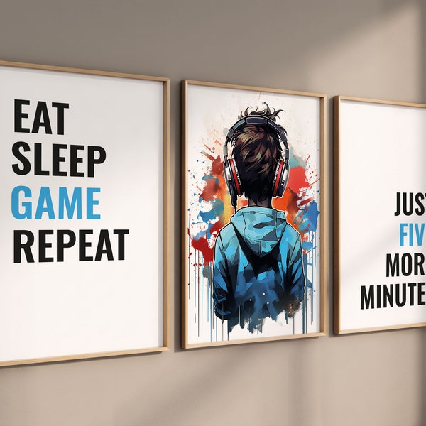 Blue Gaming Posters, Set of 3 Gaming Prints, Boys Room Wall Art, Teen Bedroom Decor, Gaming Poster, Gamer Gift, Games Room Print, Son Gift