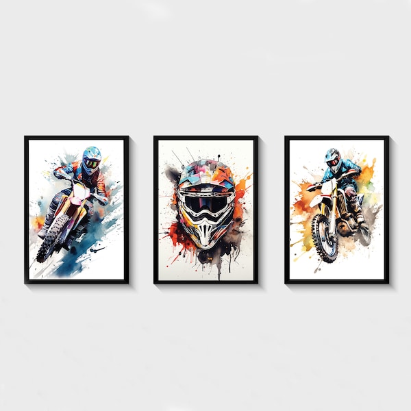 Motocross Prints Set van 3 Aquarel Dirt Bike Print Motorcycle Print Motocross Wall Art Bike Digital Download Motorbike Wall Art