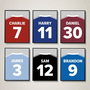 Personalisierte Fußball Shirt Wandkunst, A4 digitaler Download, Fußball Drucke, Fußball Wand Drucke, Jungen Schlafzimmer Dekor, Fußball Geschenke