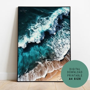 Beach Print Download, Aerial Ocean Print, Modern Coastal Printable, Wall Art, Prints, Indigo Blue Wall Decor, Beach Digital Print, Decor