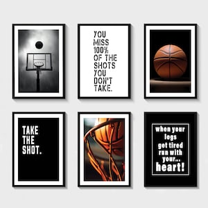 Juego de impresión de baloncesto de 6 para niños, póster imprimible de baloncesto con citas inspiradoras, impresiones de arte de decoración de habitaciones para adolescentes, descarga digital