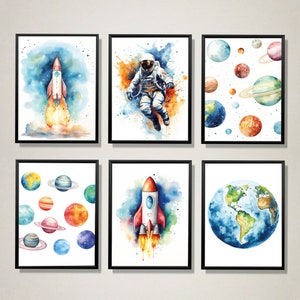 May include: Set of six watercolour prints featuring space-themed illustrations. The prints include a rocket ship, an astronaut, planets, and a globe.
