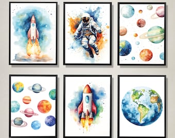 Conjunto de 6 impressões espaciais, impressões de decoração de parede de berçário, decoração de quarto de meninos, decoração de espaço, impressões de sistema solar, impressões de quarto espacial, arte digital A4
