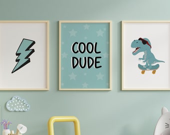Dinosaur Prints for Boys Bedroom, Dinosaur Skateboard Wall Art, Dinosaur Decor, Set of 3 Printables, Toddler Room Decor, Toddler Wall Art