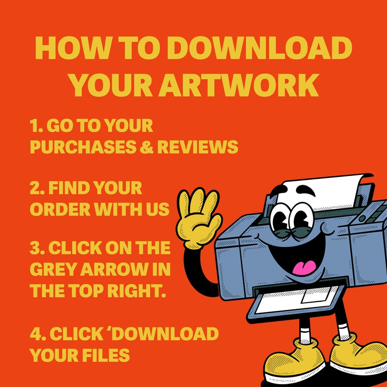 Puede incluir: Una impresora de dibujos animados con una cara sonriente y un papel que sale de ella. El texto dice "C&Oacute;MO DESCARGAR TU OBRA DE ARTE" y enumera cuatro pasos para descargar obras de arte.