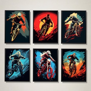 Mountain Bike Biker Wall Art - Set of 6 A4 Prints - BMX Riding Wall Art - Boys Bedroom Art - Digital Download - Motocross Wall Decor Gifts