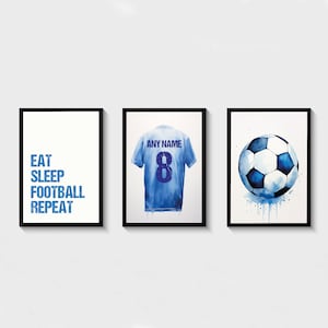 Set of 3 Football Wall Art Prints Personalised Football Prints, Boys Bedroom Decor, Kids Bedroom Football Decor, Football Shirt Name Print
