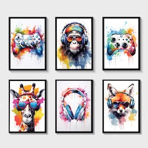 Gaming Prints, Gaming Poster, Gaming Wall Art Set of 6, Gaming Room Decor, Animal Prints, Games Room Art,Boys Bedroom Decor, Video Game