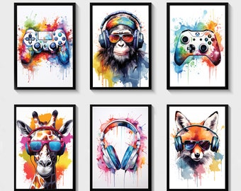 Gaming Prints, Gaming Poster, Gaming Wall Art Set of 6, Gaming Room Decor, Animal Prints, Games Room Art,Boys Bedroom Decor, Video Game