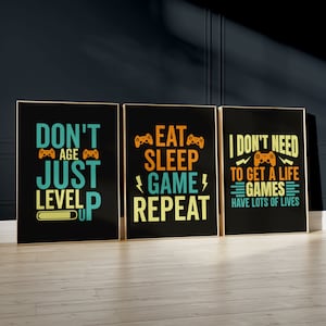 Gaming Poster, Gaming Wall Art Set of 3, Gaming Room Decor, Gamer Gift, Games Room Art,Boys Bedroom Decor, Video Game Print, Gaming Quotes