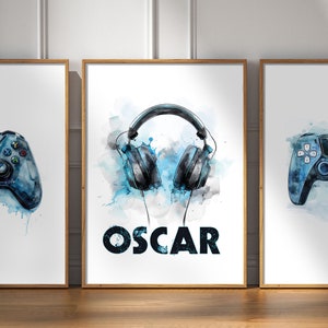 May include: A watercolor illustration of a pair of black headphones with blue accents, set against a blue and white watercolor background. The name "OSCAR" is written in black below the headphones.