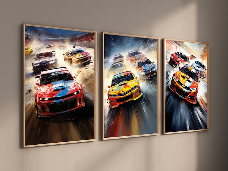 May include: Three framed prints of colorful race cars speeding on a track. The cars are red, yellow, and blue with white stripes. The background is blurred and has a motion effect.