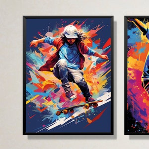 Puede incluir: Una pintura abstracta colorida de una persona haciendo skate. La persona lleva una chaqueta roja, una camisa azul y una gorra de b&eacute;isbol blanca. La tabla de skate es amarilla y negra. El fondo es azul oscuro con salpicaduras de color.
