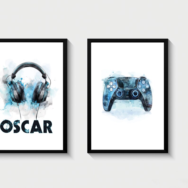 May include: Two framed prints with a watercolor effect. The first print features a pair of blue headphones with the name "OSCAR" below. The second print features a blue video game controller.