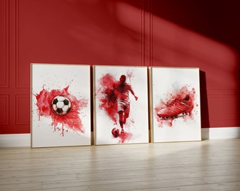 Football Wall Art Prints, Set of 3 Soccer Prints, Boys Bedroom Decor, Teen Room Decor, Red Football Print, Football Poster, Gift For Boys