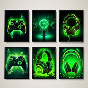 Set of 6 Neon Green Gaming Posters DIGITAL DOWNLOAD Gamer Wall Art Prints For Boys Bedroom Games Room Gamer Prints Gift For Brother Son