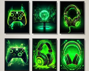 May include: Six framed prints with a green and black colour scheme. The prints feature a video game controller, headphones, and a computer monitor. The images are stylised with neon green accents and a digital aesthetic.