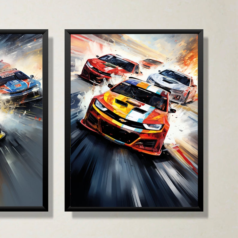 May include: A close-up of four race cars speeding down a track. The lead car is a bright orange and yellow Chevrolet Camaro with a white stripe. The other cars are red, white, and blue. The cars are surrounded by a blur of motion and water spray.
