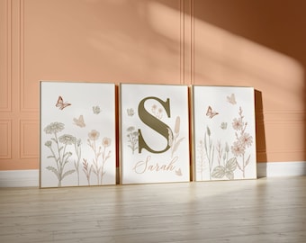 Custom Wildflowers Prints, Floral Nursery Wall Art, Boho, Baby girl Nursery Wall Art, Watercolor Flowers, Personalised name sign Initial