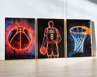Personligt set med 3 baskettryck, basketväggkonsttryck, pojkars sovrum, basketposter, present till son, present till pojkars sovrum