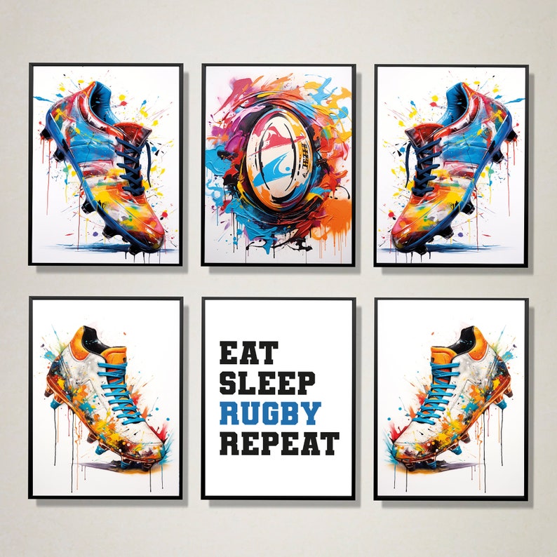 Set of 6 Rugby Prints, Rugby Graffiti Wall Art, Rugby Wall Decor, Boys ...