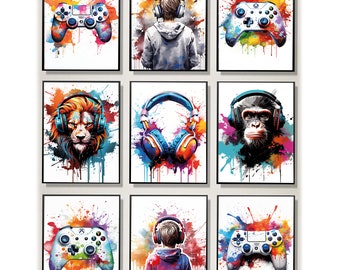 May include: Set of nine colourful abstract art prints featuring a variety of subjects including a lion, a monkey, a person wearing headphones, and a video game controller. The prints are all set against a white background with colourful paint splatters.