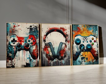 3er-Set Graffiti-Wandbilder Fürs Jugendzimmer – Bunte Gaming & Fußball-Motive Auf Leinwand (40x30 Cm)