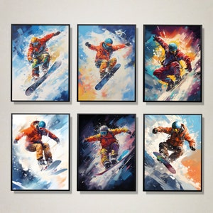 Set of 6 Snowboarding Prints, Snowboarder Wall Art, Snowboard Prints, Snowboarding Room Decor, Boys Bedroom Decor, A4 Digital Art Prints