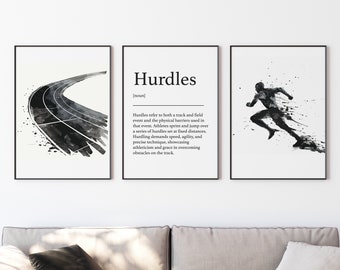 Könnte beinhalten: Schwarz-weiß-Aquarell-Illustration eines Läufers, der über eine Reihe von Hindernissen auf einer Laufbahn springt. Die Definition des Wortes "Hurdles" ist im Bild enthalten.