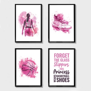 Arte de pared de baloncesto rosa, cartel de baloncesto, impresiones de baloncesto, regalo para jugadora de baloncesto, regalo de jugador de baloncesto, impresión de dormitorio de niñas