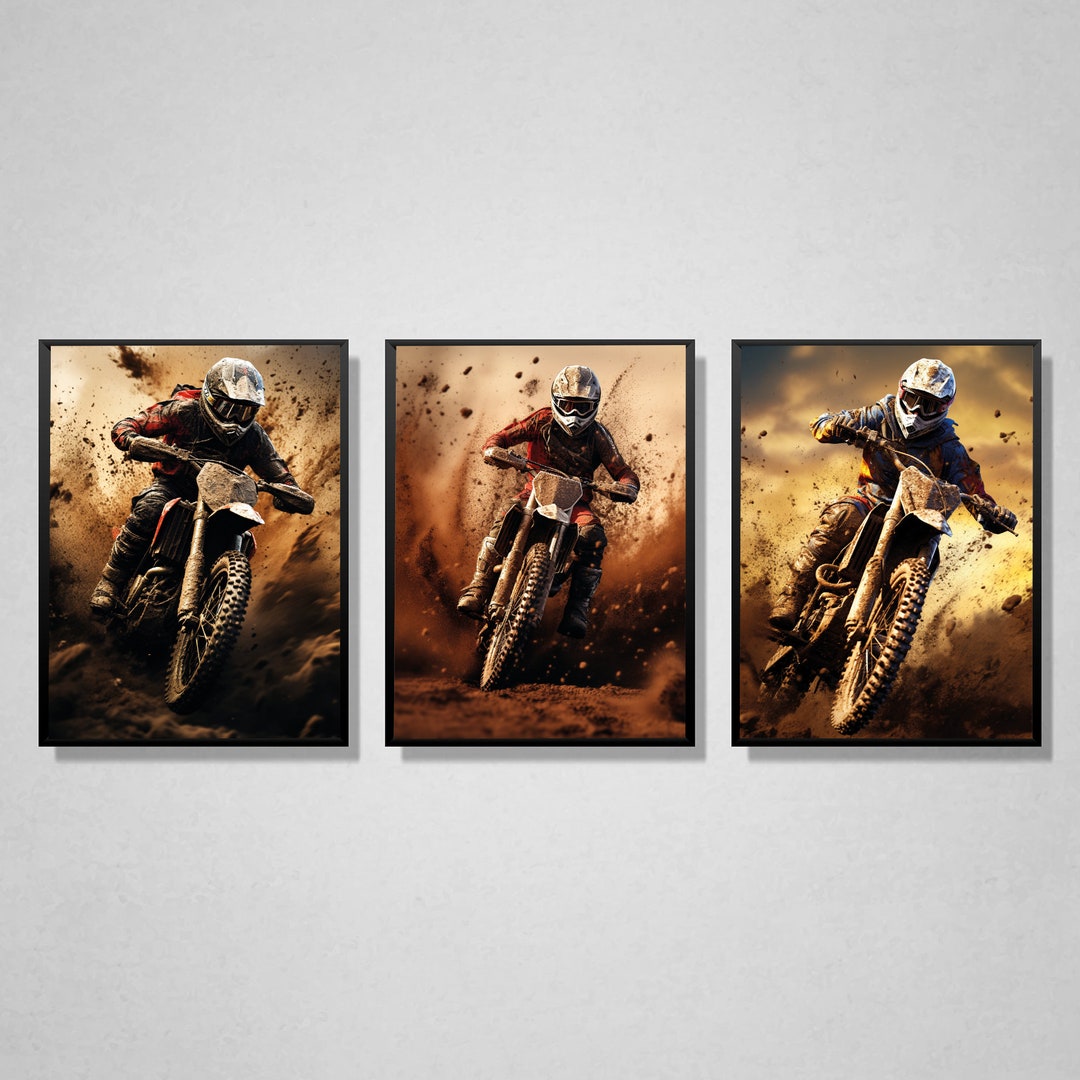 Set of 3 A3 Motocross Wall Art, Motocross Prints, Motorbike Art, Biker Prints, Boys Bedroom