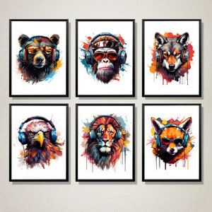 set of 6 gaming animal A3 prints, gaming wall art, gamer prints, gamer decor, digital download, boys room print, gaming decor, gaming poster