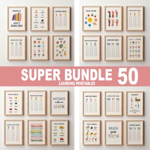 Conjunto de 50 carteles educativos, impresiones de educación en el hogar, decoración del aula Montessori, decoración neutral para niños, decoración de sala de juegos para niños pequeños, digital, niñas