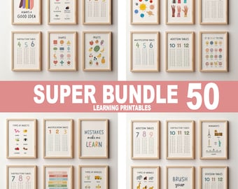 Set di 50 poster educativi, stampe homeschool, arredamento per aula Montessori, arredamento neutro per bambini, arredamento per sala giochi per bambini, digitale, ragazze