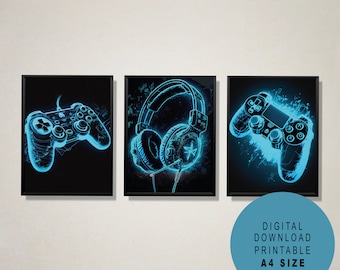 Cartel de juegos / Impresión de juegos / Arte de pared de juegos / DESCARGA DIGITAL / Juego imprimible / Impresiones de juegos / Estilo neón / Conjunto de 3 / Carteles de juegos