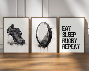 Set of 3 Rugby Wall Art Prints, Rugby Prints, Boys Bedroom Decor, Gift For Boys, Rugby Wall Art, Rugby Poster Set, Rugby Art, Teen Room