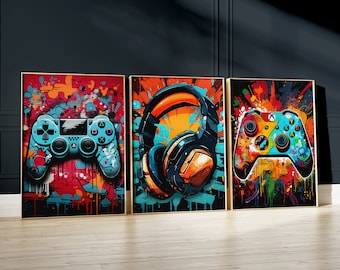 Set of 3 Gaming Prints Gamer Decor Graffiti Wall Art, Teen Room