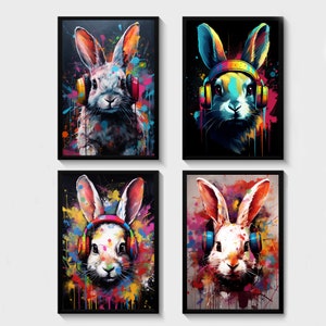 Set of 4 gaming prints, rabbit gaming prints, gamer prints, gamer decor, graffiti wall art, teen room prints, gaming room decor