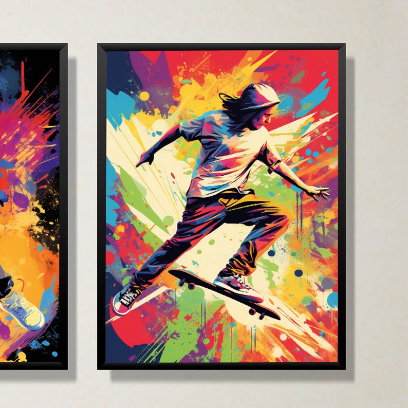 Puede incluir: Una pintura abstracta colorida de una persona haciendo skate. La persona lleva una camisa blanca, pantalones vaqueros azules y un sombrero. El fondo es una mezcla de amarillo, naranja, rojo, verde y azul.
