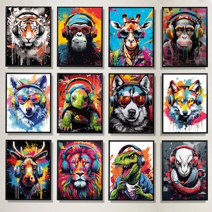 Set of 12 Gaming Animal Prints, Gaming A4 Posters, Gaming Wall Art, Games Room Decor, Gamer Gift For Boys, Games Room Art, Boys Bedroom Art