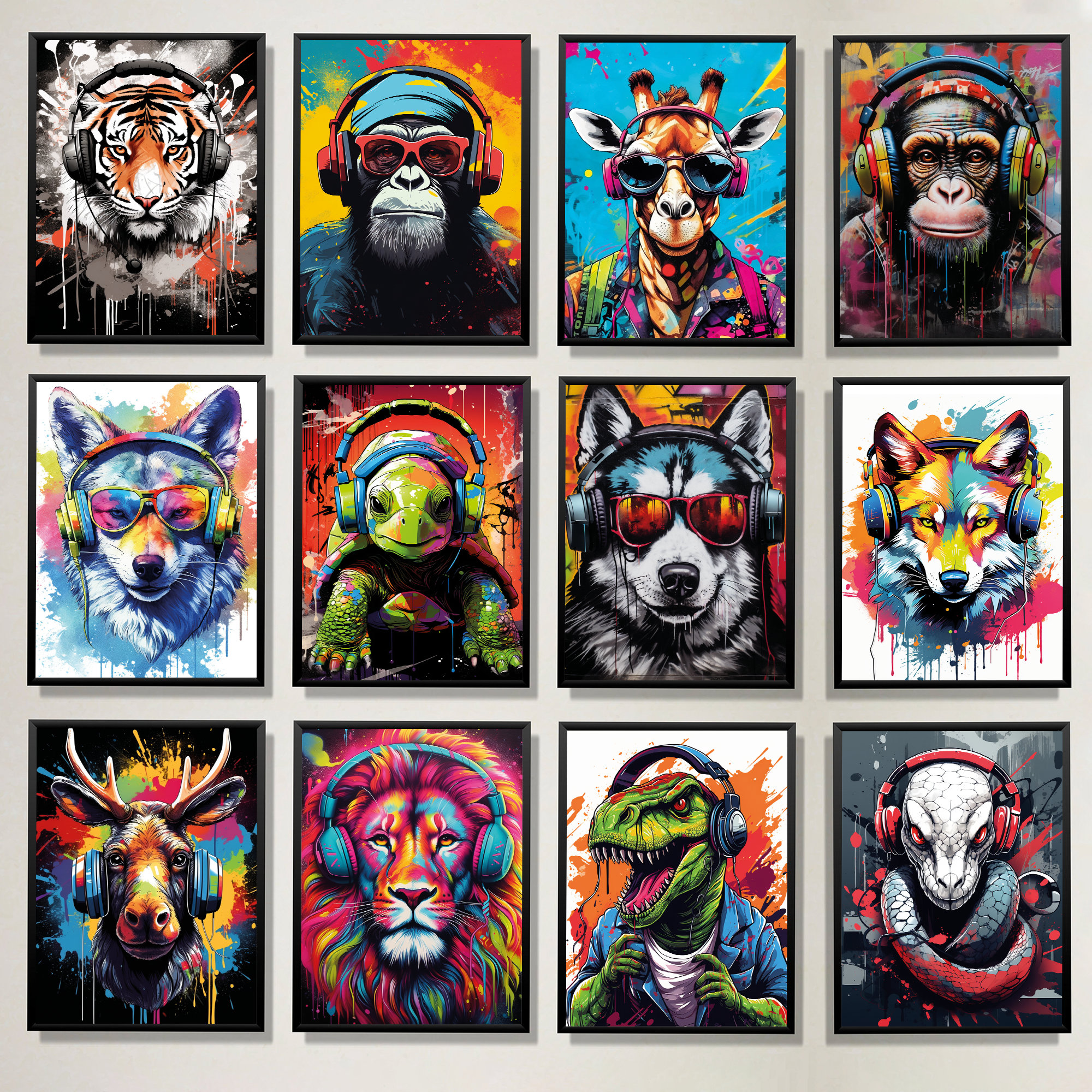 Set of 12 Gaming Animal Prints, Gaming A4 Posters, Gaming Wall Art, Games Room Decor, Gamer Gift For Boys, Games Room Art, Boys Bedroom Art