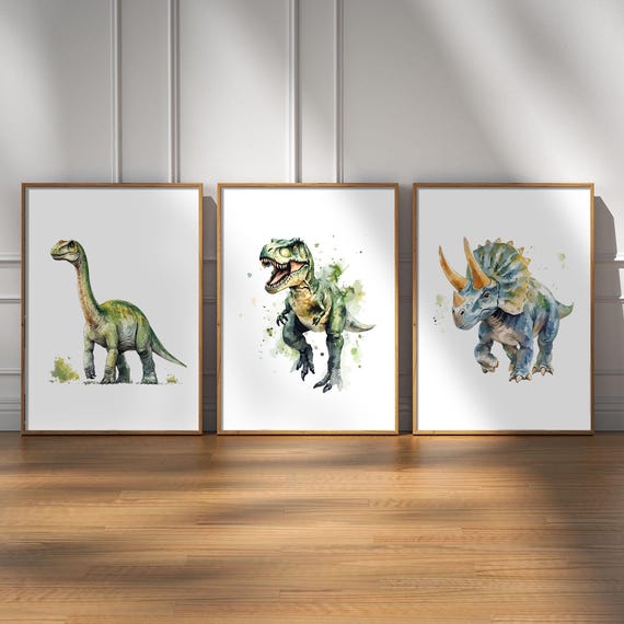 Dinosaur Posters, Set of 3 Dinosaur Print, Watercolour Dinosaur Nursery, Dinosaur Wall Art, T-Rex Print, Triceratops, Boys Bedroom Print
