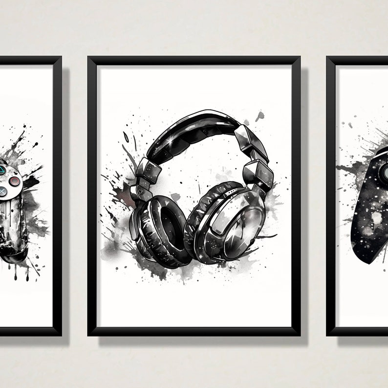 May include: Black and white illustration of a pair of headphones with a splattered paint effect. The headphones are in a black frame.