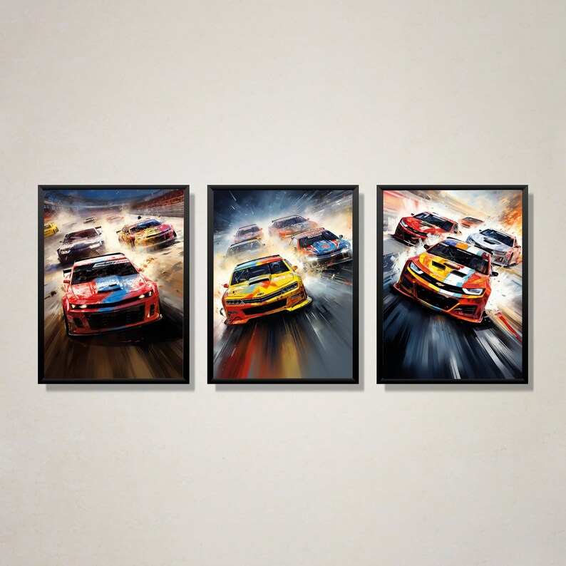 May include: Three framed prints of colorful race cars speeding on a track. The cars are red, yellow, and blue with black racing stripes. The prints are set against a blurred background of the track and other cars.